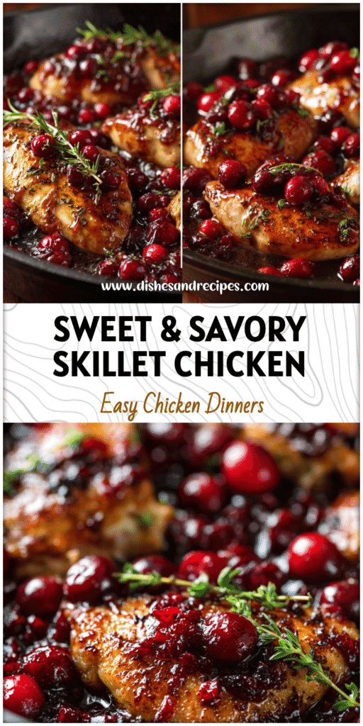 Golden chicken breasts simmered in glossy balsamic cranberry sauce in a skillet for a cozy dinner with cranberries